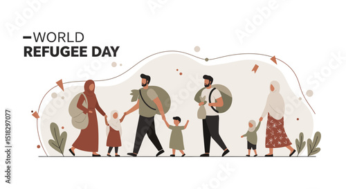 World Refugee Day Illustration of Muslim Families Seeking Safety and Shelter