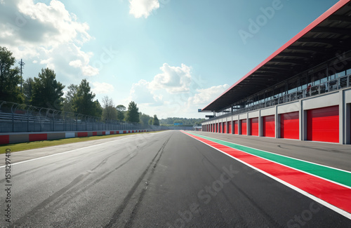Imola race track pit lane view empty asphalt track no people. Iconic racing circuit famous for motorsports. Empty track racing competition, speed drive. Motorsport background, auto sport concept.
