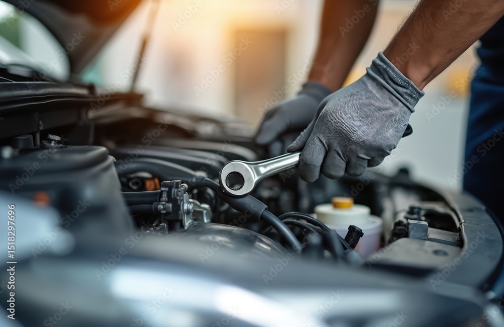 Auto mechanic repairs car engine using wrench. Technician servicing vehicle, changing spare parts. Car service support concept, car insurance, workshop. Repairman fixing engine problem. Auto mechanic repairs car engine using wrench. Technician servicing vehicle, changing spare parts. Car service support concept, car insurance, workshop. Repairman fixing engine problem.