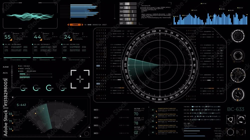 Motion graphic of Blue color sonar radar screen searching an object with futuristic HUD UI technology interface screen and chat panel abstract background alpha channel included video concept 
