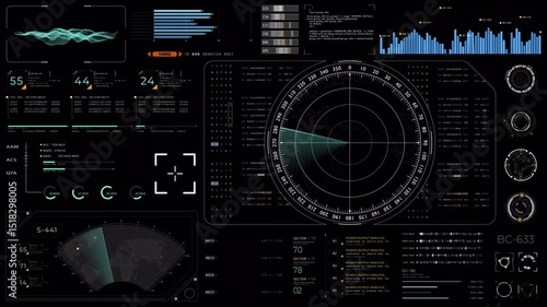 Motion graphic of Blue color sonar radar screen searching an object with futuristic HUD UI technology interface screen and chat panel abstract background alpha channel included video concept 