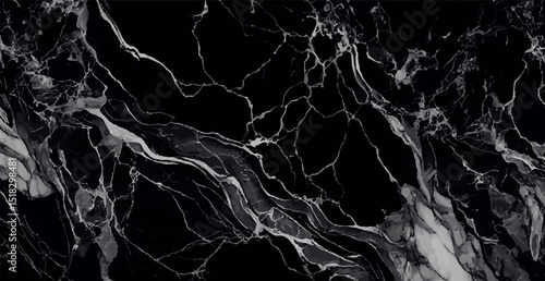 Black marble texture design, dark marble surface, curved golden lines, abstract panoramic background design - Vector illustration