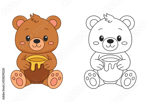 Bear coloring page for children.  A cute teddy bear outlined for coloring, great for children’s printable activities, early education materials, and coloring books. Clean vector lines in cartoon style