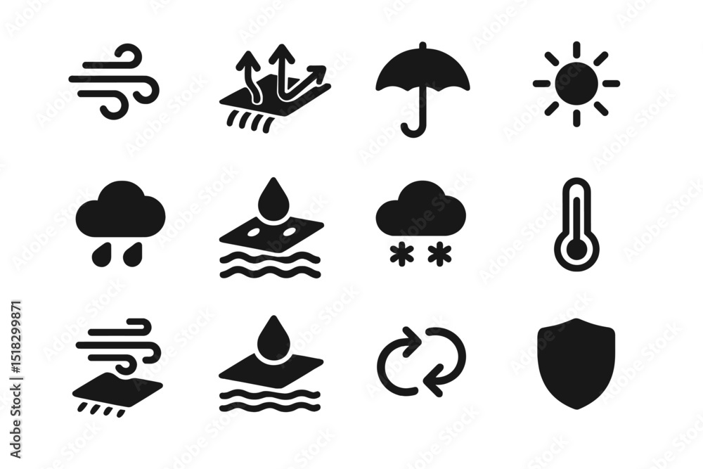 Weather symbol icons representing various meteorological conditions and activities for forecasts and planning Weather symbol icons representing various meteorological conditions and activities for forecasts and planning