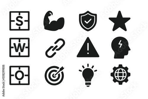 Various black and white icons representing fitness, safety, and target goals displayed in a grid pattern