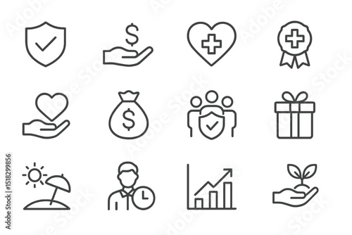 Icons representing health, finance, care, and growth in a modern design for various applications