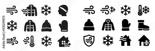 Weather icons collection depicting winter conditions and clothing suitable for cold temperatures