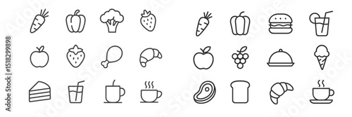 Collection of food and drink icons arranged neatly in a grid showcasing various items for culinary designs or menus