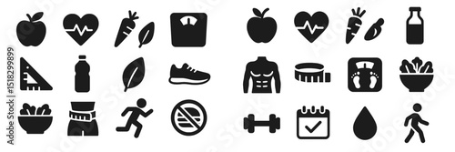 Health and fitness icons representing nutrition, exercise, and wellness