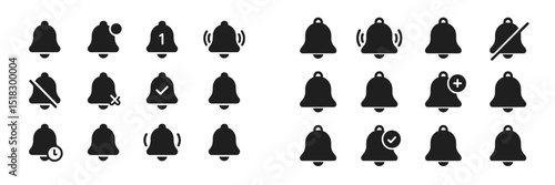 Different notification bell icons representing various states of alerts and settings suitable for user interfaces in digital applications