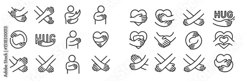 Various illustrations of hugs and embrace symbols depicting love and connection in minimalistic style
