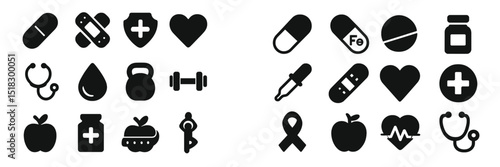 Health and wellness icons representing various aspects of medical care and fitness in a modern design