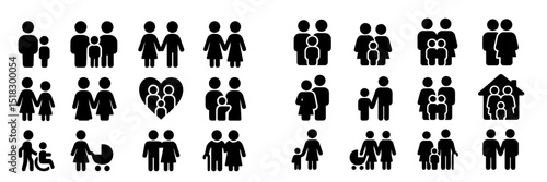 Diverse symbols representing various family structures and relationships in a minimalist design