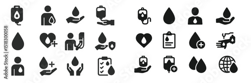 Set of black and white icons representing blood donation, healthcare, and medical services in a modern design