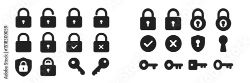 Collection of lock and key icons with various designs displayed in a clear grid format