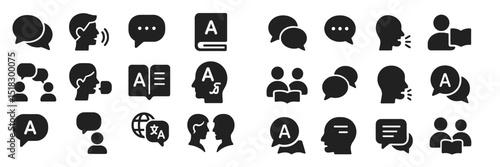 Various communication icons depicting speech, dialogue, and language exchange in a modern graphic style