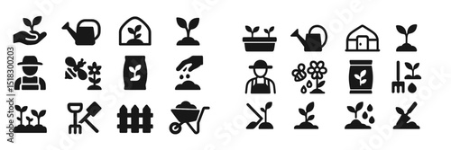 Collection of gardening icons depicting planting, watering, and nurturing plants in various stages of growth