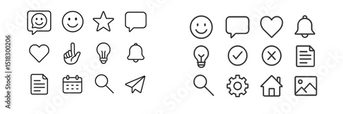 Collection of simple line icons representing emotions, objects, and notifications for web design elements