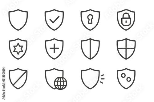 Various shield icons representing security, protection, and trust in a minimalist design layout