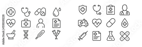 Collection of minimalist healthcare icons depicting medical symbols, tools, and vital signs for health-related designs