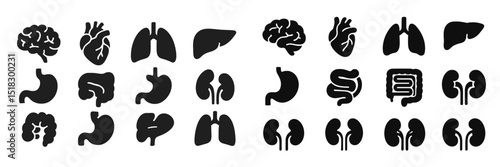 Medical icons representing human organs including brain, heart, lungs, and liver arranged in a grid format