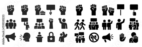 Diverse symbols representing social justice activism and protest movements with various styles and themes