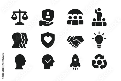 Icons representing social cooperation, justice, and collaboration in modern society