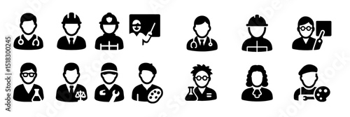 Diverse professions represented in black icons showcasing various careers and roles in society