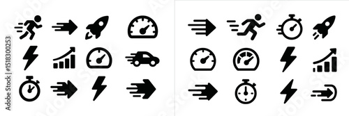 Creative black icons representing speed, performance metrics, and energy on a clean background