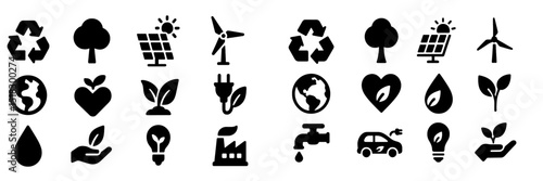 Collection of eco-friendly symbols representing sustainability, renewable energy, and environmental care