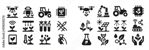 Modern agricultural technology icons representing innovation in farming and plant science