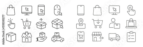 E-commerce icon set representing shopping experience and online transactions in digital environment