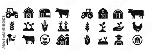 Farm activities and elements depicted in black icons representing agriculture, livestock, and sustainable practices at various locations