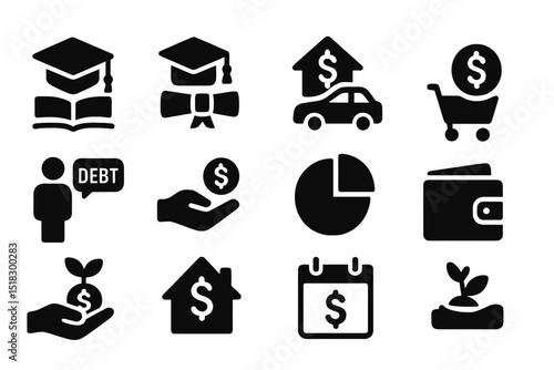 Financial literacy icons illustrating concepts like debt, savings, and investment strategies in a monochromatic style