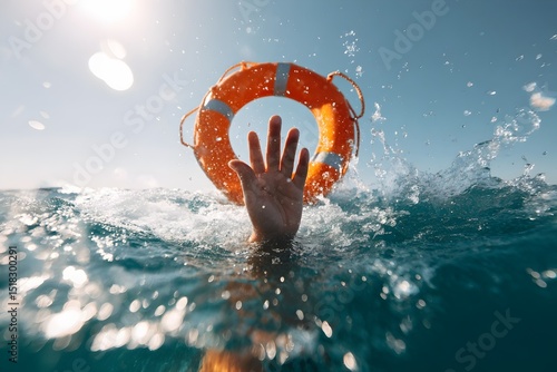 Drowning person with raised hand reaching for a life buoy in blue water, a person is drowning in the ocean and reaching for a life preserver