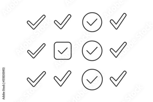 Symbols of confirmation and approval arranged in a neat pattern on a white background