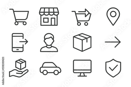 Grocery shopping icons showcasing delivery, location tracking, and customer service interactions for online shopping