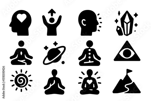 Symbols of spirituality and personal growth illustrating meditation, mindfulness, and cosmic awareness concepts