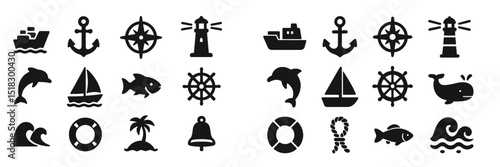 Variety of maritime-themed icons depicting boats, sea life, and navigation symbols in a black and white style