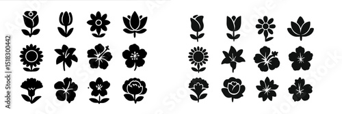 Floral silhouettes showcasing a variety of flowers in a minimalistic black design suitable for decorative purposes