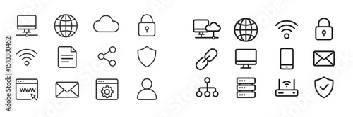 Collection of digital communication and security icons representing internet and network concepts