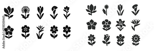 Floral silhouette designs featuring various flower shapes in a minimalistic style for artistic inspiration