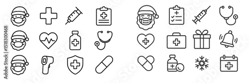 Holiday-themed healthcare icons illustrating Santa Claus alongside medical symbols, suitable for festive health promotions and campaigns