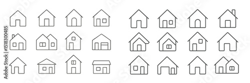 Drawing of various simple house designs arranged in a grid layout showcasing unique architectural features