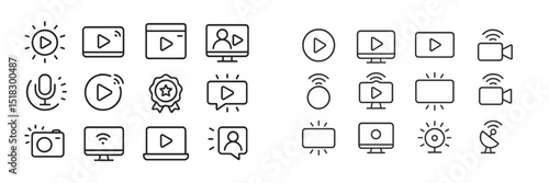 Various media icons representing online content creation and streaming platforms in black and white design in a structured layout