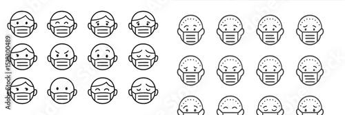 Variety of facial expressions shown by characters wearing masks in a clean and simple design