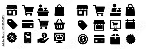 Icons representing shopping and retail activities focused on consumer goods and transactions in a minimalist style