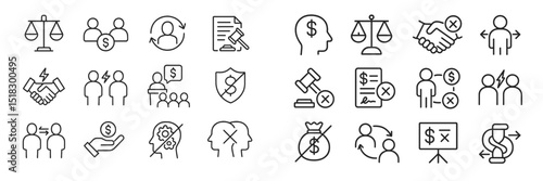 Legal icons representing concepts such as justice, finance, agreement, and collaboration in modern design