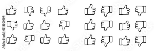 Different variations of thumbs up and thumbs down icons in a grid layout arranged for visual representation of approval and disapproval