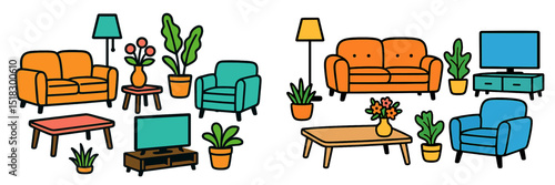 Living room furniture design ideas with colorful sofas, plants, and decorative elements in a modern style